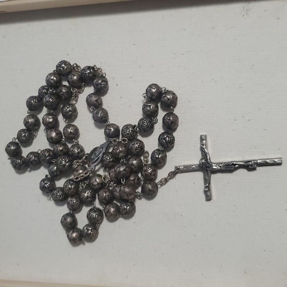 Italian Silver Rose Beads Rosary Cross 22in - Picture 1 of 6